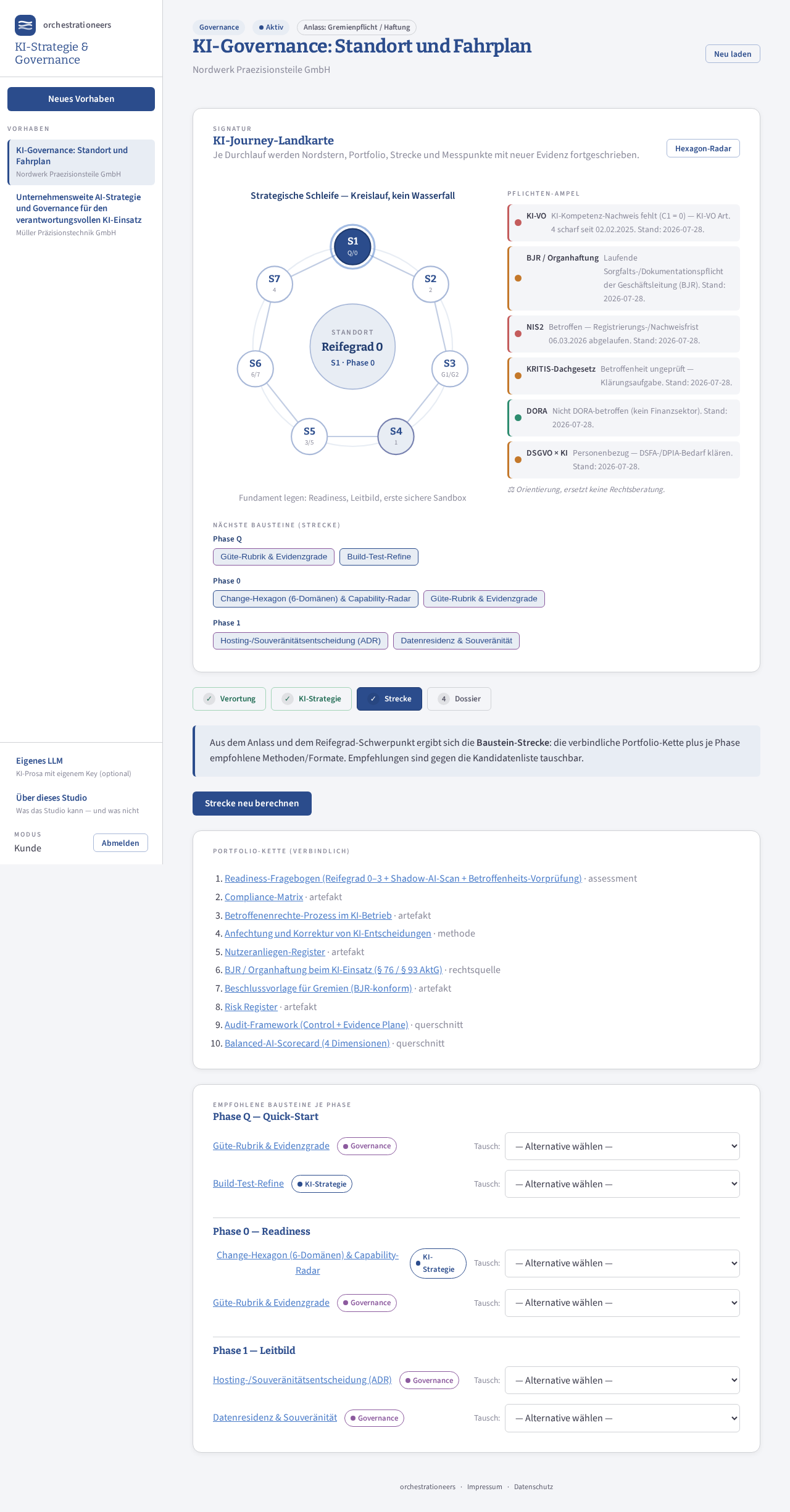 AI Governance pathway with maturity level, obligations traffic light and recommended components